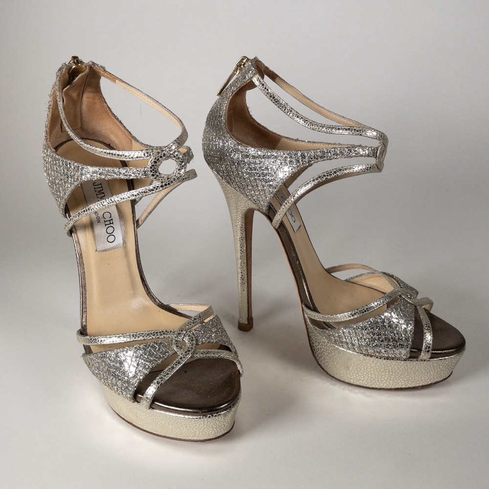 Jimmy Choo Sierra Metallic Glitter Coated Snakeskin Sandals, Size 37.5